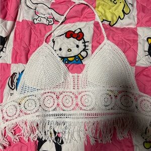 White Crochet Halter Top with Fringe